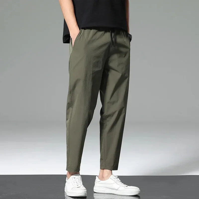 Men's Summer Thin Ice Silk Casual Quick Dry Elastic Pants Breathable Loose Straight Leg Sporty Comfortable Lightweight Trousers