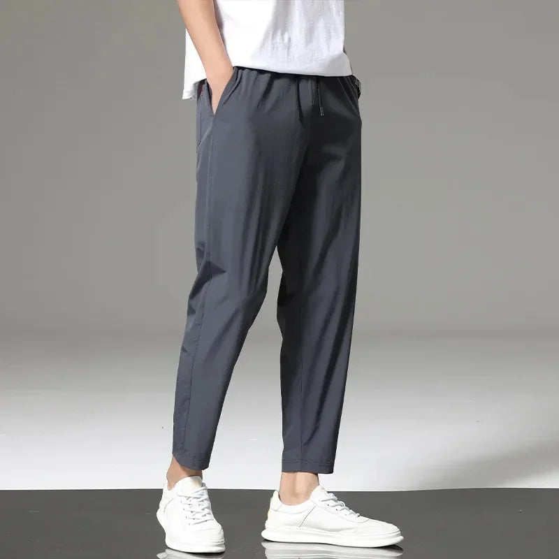 Men's Summer Thin Ice Silk Casual Quick Dry Elastic Pants Breathable Loose Straight Leg Sporty Comfortable Lightweight Trousers