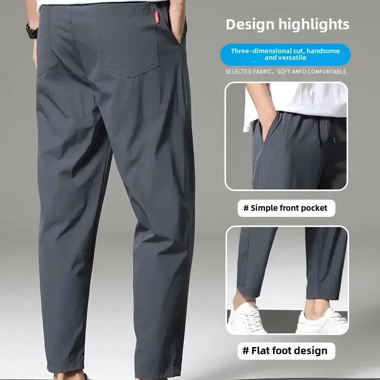Men's Summer Thin Ice Silk Casual Quick Dry Elastic Pants Breathable Loose Straight Leg Sporty Comfortable Lightweight Trousers