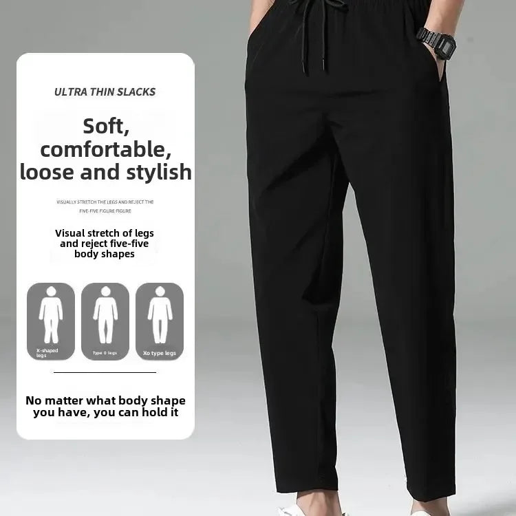Men's Summer Thin Ice Silk Casual Quick Dry Elastic Pants Breathable Loose Straight Leg Sporty Comfortable Lightweight Trousers