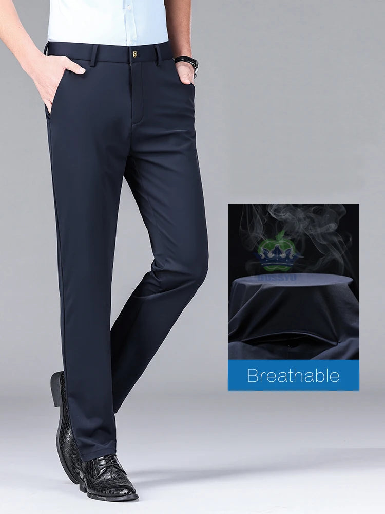 High Stretch Fabric Summer Thin Ice Silk Business Pants Men Elastic Waist Classic Work Office Formal Suit Trousers Plus Size 40
