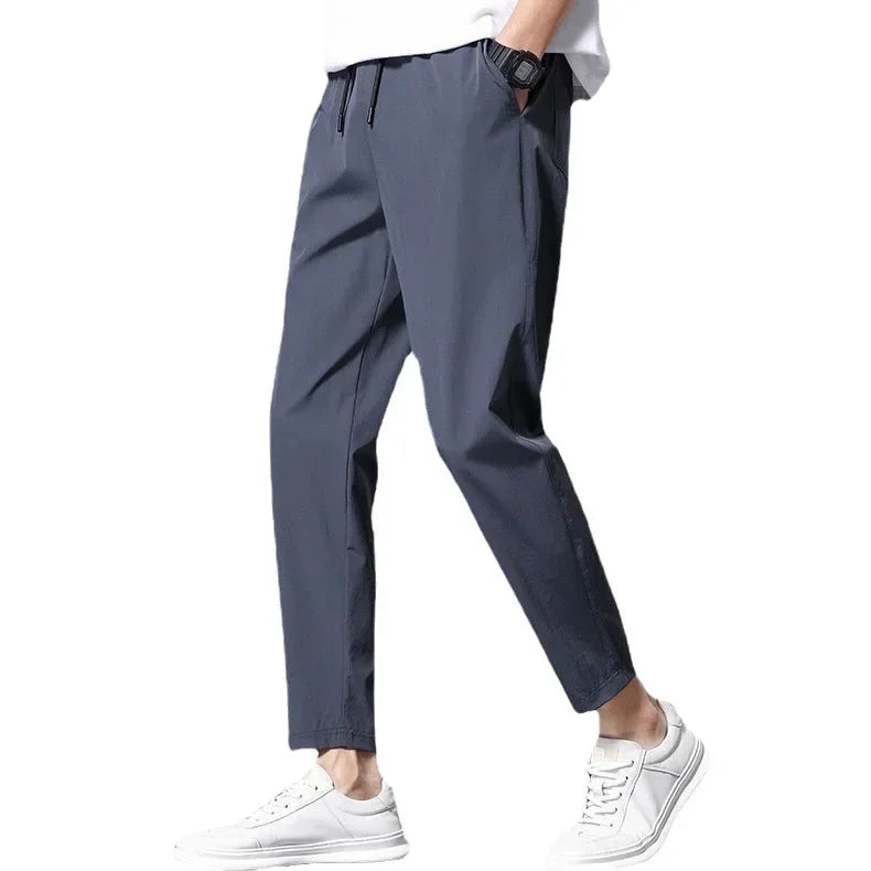 Men's Summer Thin Ice Silk Casual Quick Dry Elastic Pants Breathable Loose Straight Leg Sporty Comfortable Lightweight Trousers