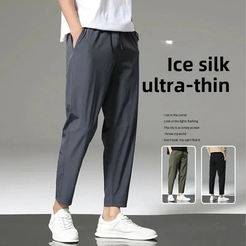 Men's Summer Thin Ice Silk Casual Quick Dry Elastic Pants Breathable Loose Straight Leg Sporty Comfortable Lightweight Trousers