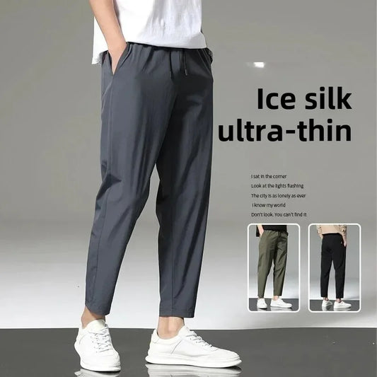 Men's Summer Thin Ice Silk Casual Quick Dry Elastic Pants Breathable Loose Straight Leg Sporty Comfortable Lightweight Trousers